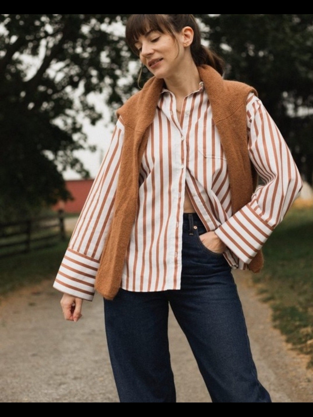 Sezane Bilma Button-Up Shirt in Brown and White